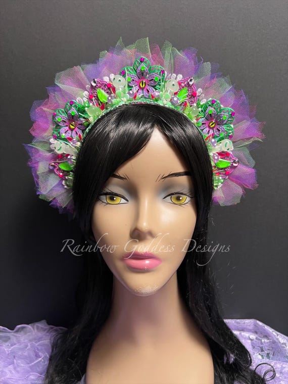 Purple and Green Glow-in-the-Dark Spirit Forest Crown: Eyeballs, Frogs & Mushrooms Headpiece