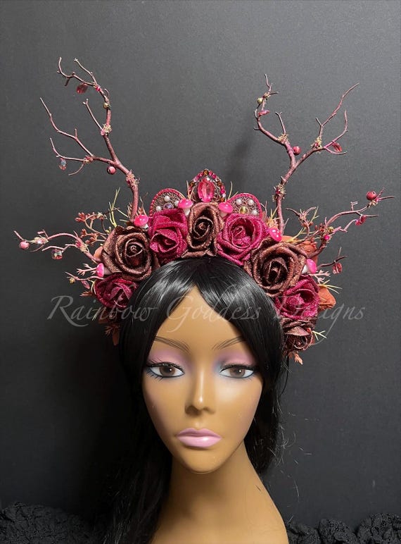 Bright Pink Brown Woodland Fairy Crown, Fantasy Antler Headpiece, Mushroom Flower Crown, Enchanted Forest Headdress