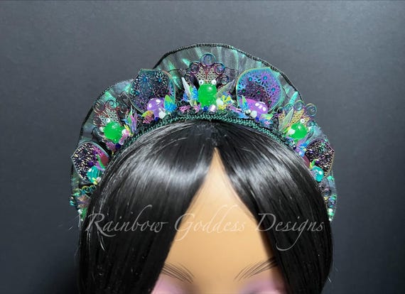 Glow in the Dark Frog Mushroom Filigree Crown, Iridescent Metal Lace Tiara, Frog Princess Rave Headband, Fairytale Forest Festival Headpiece