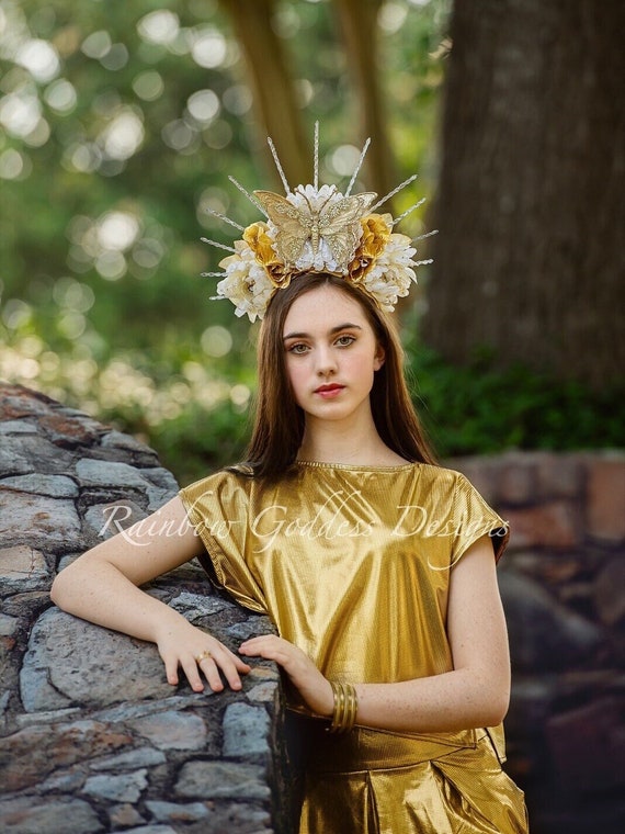 Gold & White Butterfly Fairy Crown, Glitter N Gold Flower Headband, Silver Halo Headpiece, Fantasy Wedding Fascinator, Prom, New Years