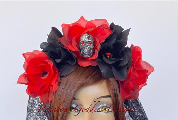 Red & Black Rose Crown, Floral Headpiece, Rose Headband, Floral Crown, Flower Crown Headband, Flower Headband, Day of the Dead, Halloween