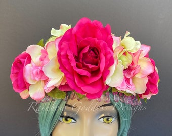 Pink and Green Spring Flower Crown, Rose Crown, Flower Head Wreath, Floral Headpiece, Floral Headband, Wedding Crown, Fairy Crown