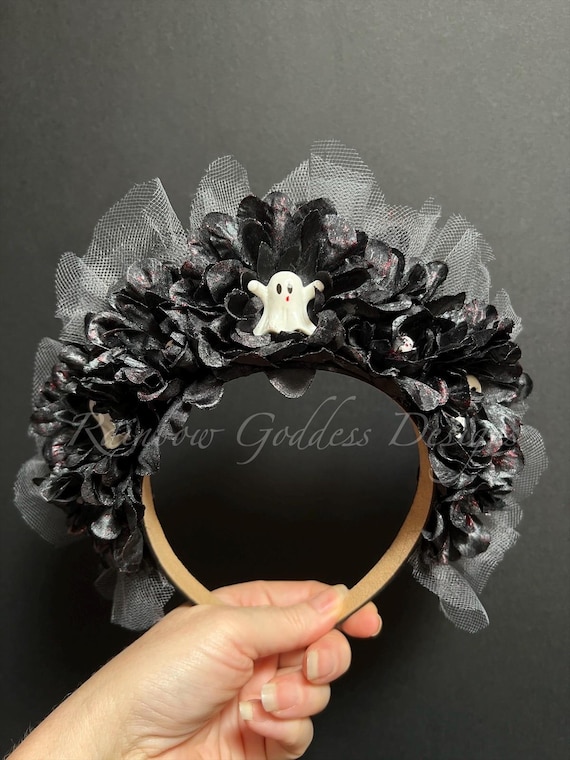 Handmade Halloween Headband, Black Flower Crown with Ghosts, Bats, Glitter