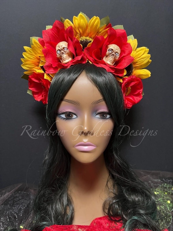 Sunflower Rose Skull Floral Crown Headband, Fall Festival Headpiece