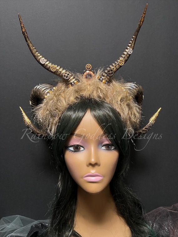 Steampunk Horned Crown with Fur & Gears | Gothic Fantasy Headpiece