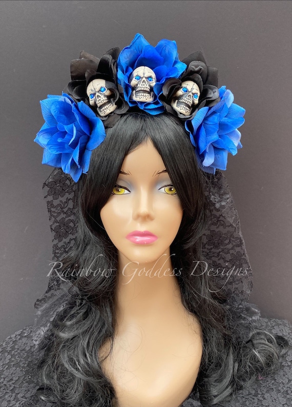 Black & Blue Rose Skull Crown: Gothic Veiled Headband