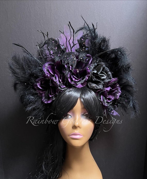 Purple & Black Gothic Feather Flower Headdress, Flying Bat Wing Fascinator, Halloween Headpiece, Vampire Queen Headdress, Witch Flower Crown
