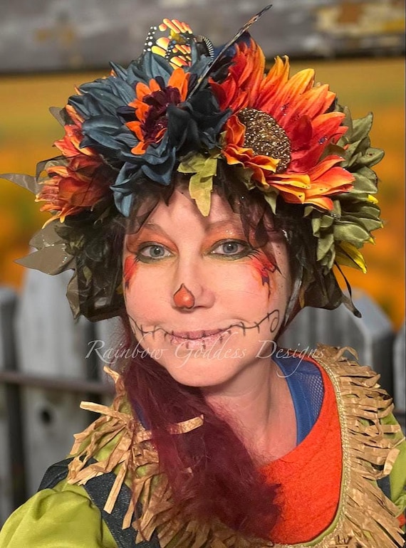 Scarecrow Fall Flower Crown: Sunflower, Dahlia, Tulle Headpiece