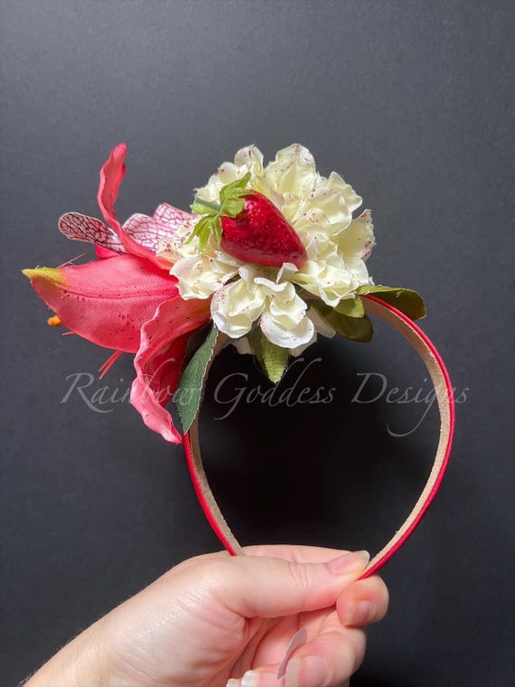 Strawberry Daiquiri Flower Headband, Tropical Cocktail Accessory, Glittery Lily Crown