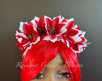 Red & White Poinsettia Crown, Christmas Flower Crown, Holiday Headband, Christmas Headband, Poinsettia Headband, Ugly Sweater Party
