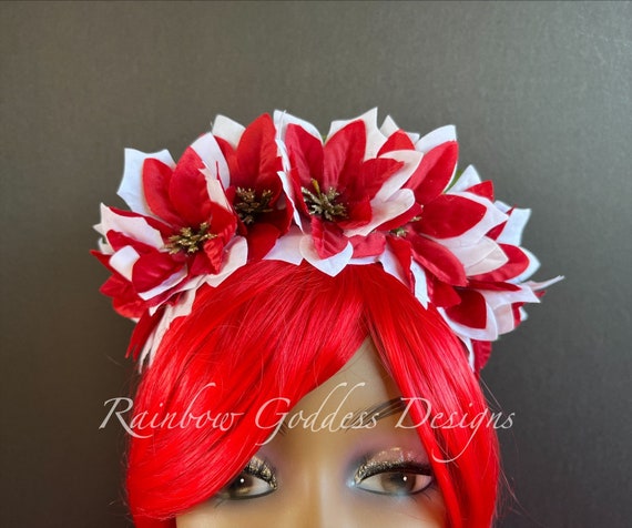 Red & White Poinsettia Crown, Christmas Flower Crown, Holiday Headband, Christmas Headband, Poinsettia Headband, Ugly Sweater Party