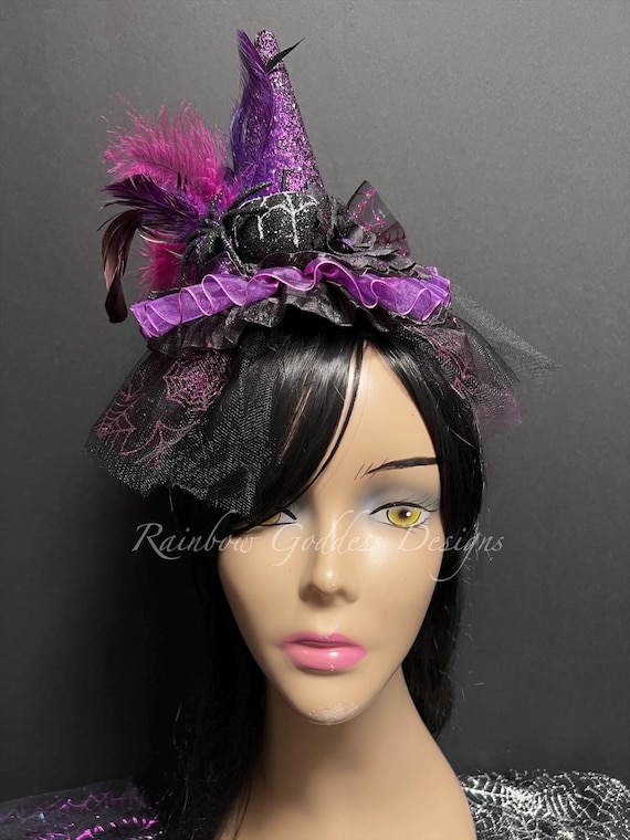 Glittery Mini Witch Hat Headband: Purple, Fuchsia and Black Halloween Costume Accessory