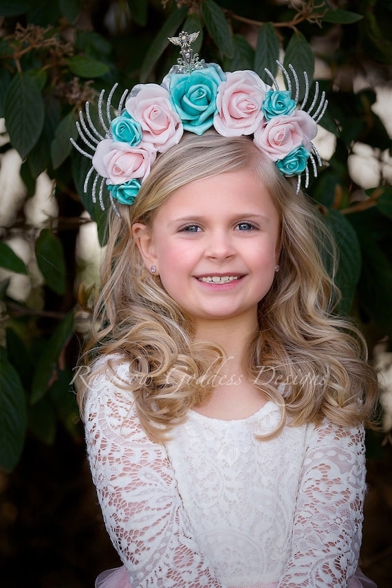 Pink & Blue Rose Crown, Pastel Flower Crown, Angel Headdress, Floral Headpiece, Valentine's Day Headband, Easter Floral Crown, All Ages