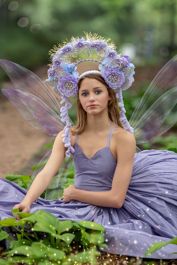 Lavender Crystal Fairy Crown, Purple Flower Headdress, Fairy Queen Crown, Jeweled Princess Headband, Purple Elevated Halo Headpiece