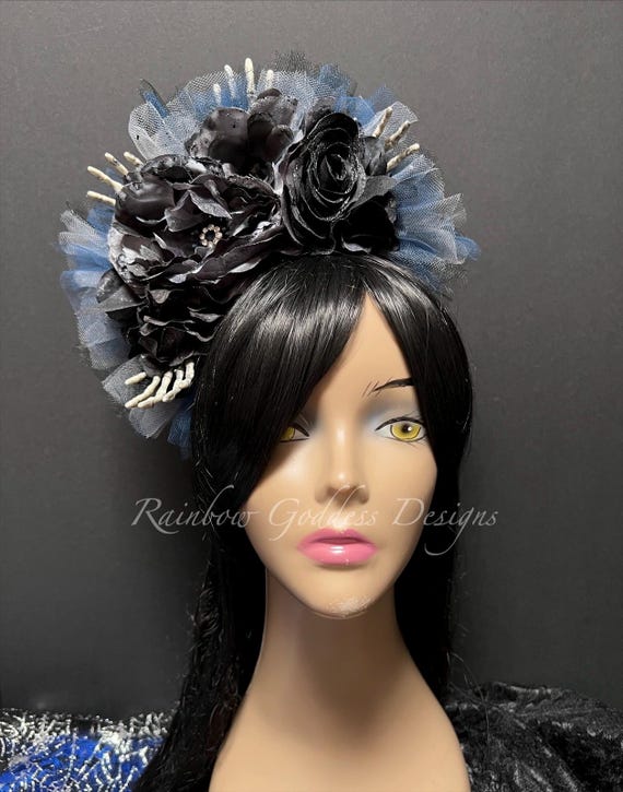 Black & Blue Skeleton Hand Flower Crown, Zombie Headpiece, Día de los Muertos Headband, Skeleton Halloween Fascinator, Gothic Victorian