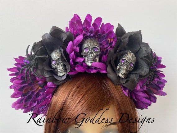 Rose Skull Crowns, Day of the Dead Flower Crown, Día de los Muertos Headdress, Veiled Headdress, Spider Headband, Skull Headband, Rose Crown