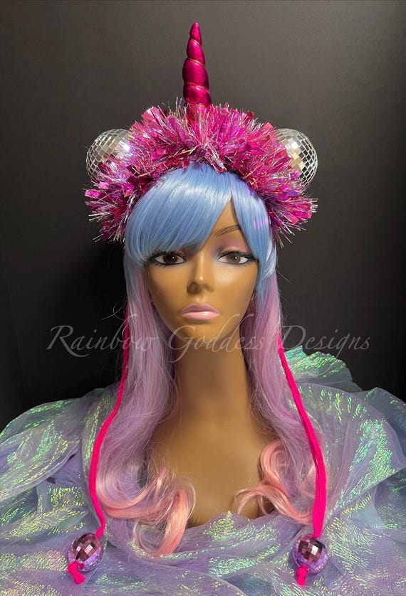 Pink Disco Ball Unicorn Headband, Mirrored Ears, Tinsel Crown, Festival Rave Headpiece