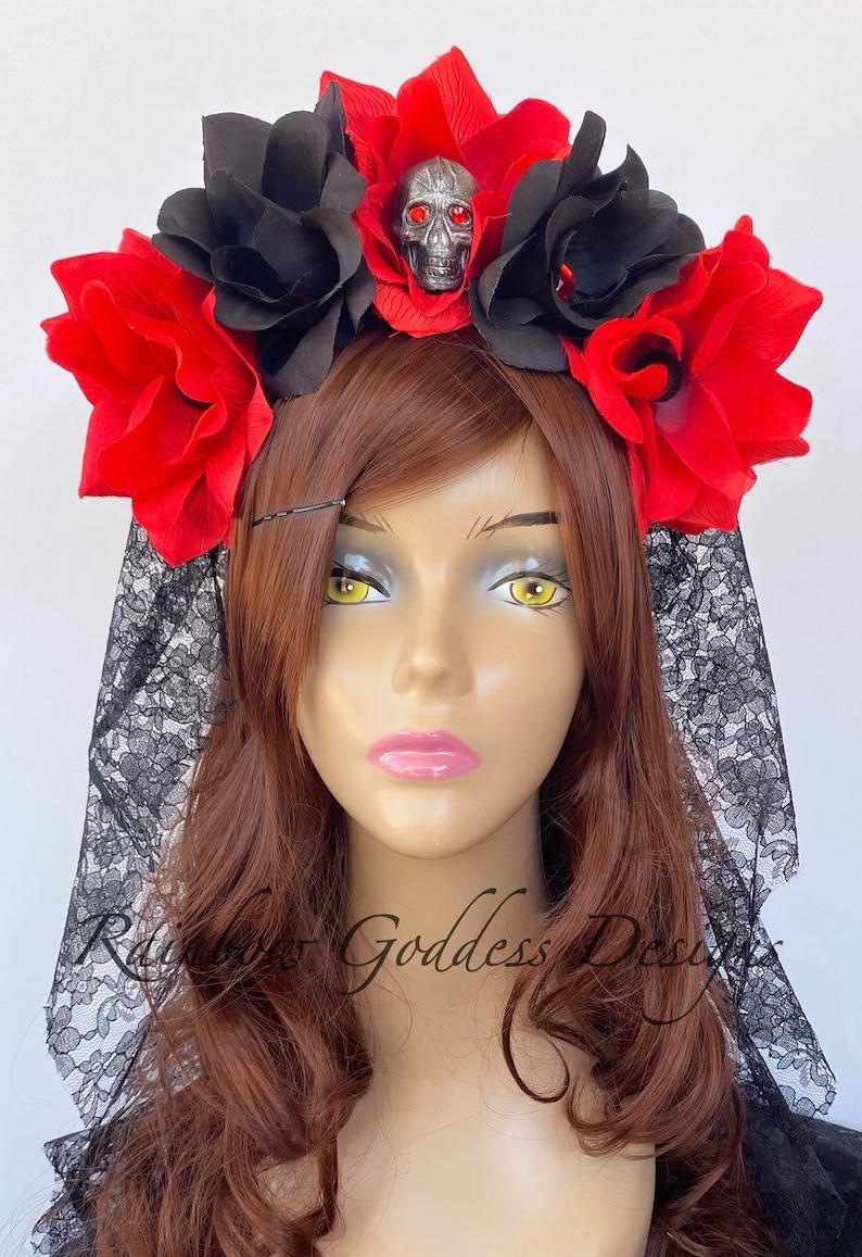 Day of the Dead Flower Crown Flower Head Wreath Floral Headpiece Veiled Headband Rose Skull Crown Floral Crown Flower Crown Halloween