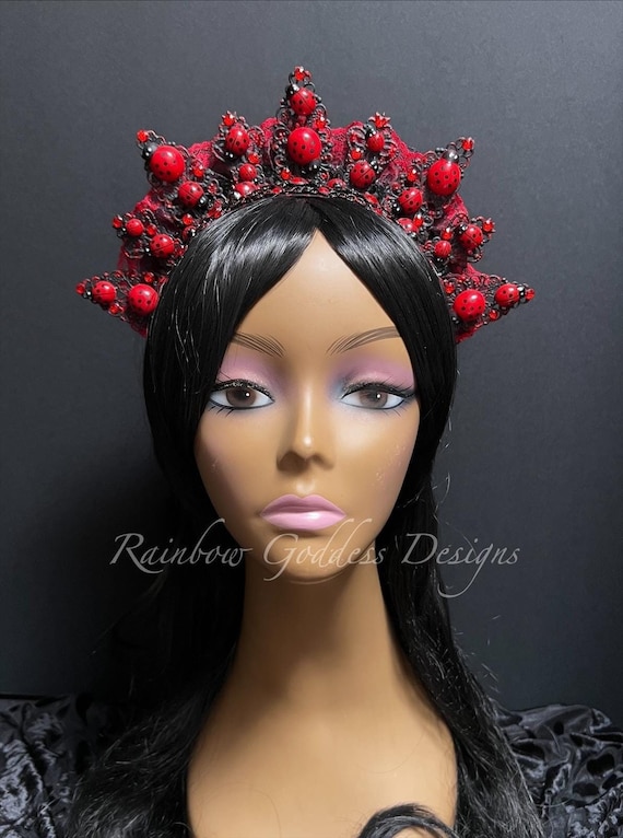Ladybug Filigree Crown, Black & Red Tiara, Jeweled Ladybug Headband, Dark Fairy Headpiece, Ladybug Red Crystal Tiara Crown, Ladybug Costume