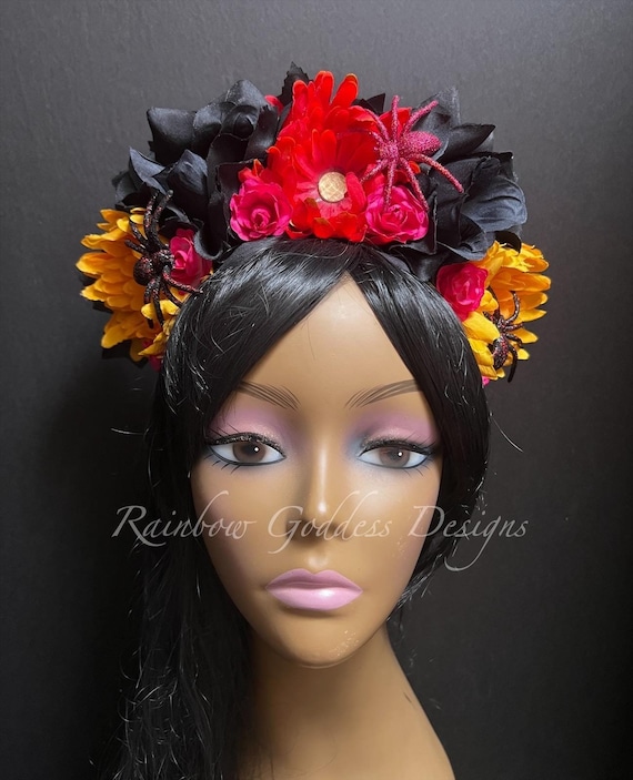 Colorful Dia de los Muertos Spider Rose Flower Crown, Veiled Headband, Floral Headpiece, Floral Crown, Halloween, Frida Kahlo, Catrina