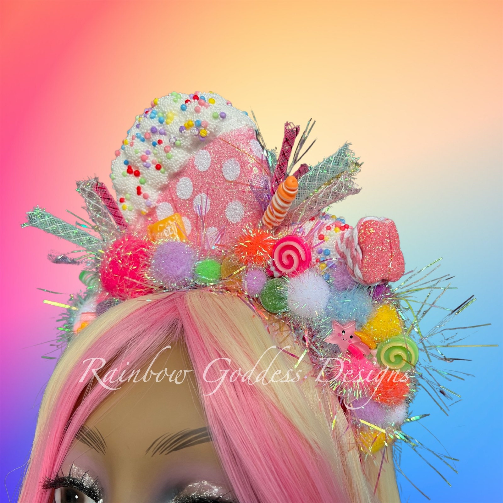 DellaCartaDecor Candy Headband Treat Headband or Clip Candyland Bow Rainbow with Candy, Treats and Tulle Bow for Candy Fairy Costume or Candyland Birthday