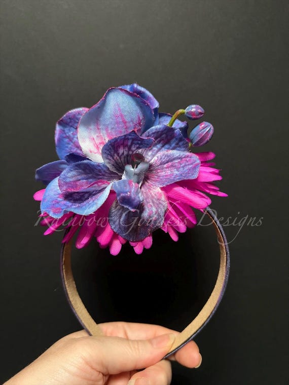 Neon Pink Purple Orchid Fascinator, Blacklight Flower Crown, Tropical Festival Headpiece