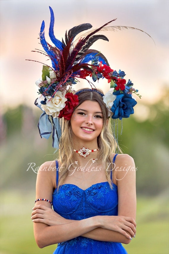 4th of July Halo Feather Headdress, Americana Flower Crown, Patriot Red White and Blue Headband, Memorial day Headpiece, Carnival-Mardi Gras