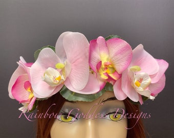 Pink Orchid Crown, Flower Crown, Tropical Crown, Floral Headpiece, Hawaiian Flower Crown, Wedding Crown, Tiki Oasis, Tiki Wedding, Tiki Bar