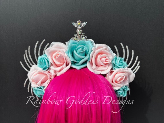 Pink & Blue Rose Crown, Pastel Flower Crown, Angel Headdress, Floral Headpiece, Valentine's Day Headband, Easter Floral Crown, All Ages