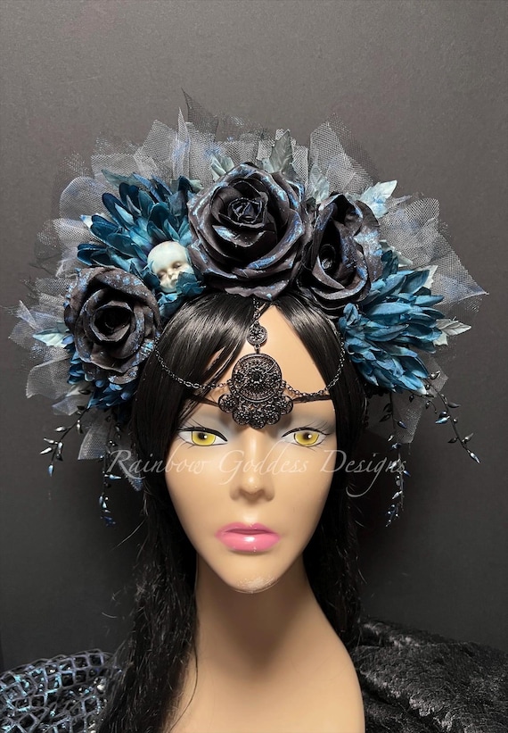 Black and Blue Babydoll Head Flower Crown, Floral Headpiece, Floral Crown, Halloween Headpiece, Haunted Doll Costume, Gothic Horror Cosplay