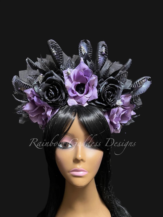 Black & Lavender Venus Fly Trap Headdress, Venus Fly Catcher Headband, Gothic Halloween Crown, Carnivorous Rose Crown, Shop of Horrors