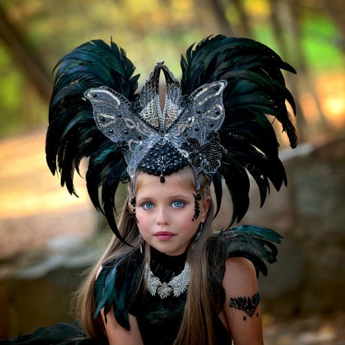 Sequin Eye Headpiece with Feathers and Sunflowers Sunflower Headpiece - Yellow Flower Halo Crown - Peacock  main image 2