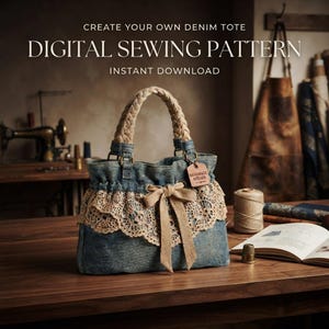 Può includere: Una borsa tote in denim con manico intrecciato, rivestimento in pizzo beige e un fiocco centrale. Una piccola etichetta rettangolare con la scritta HANDMADE ATELIER pende dal manico. Il testo recita CREATE YOUR OWN DENIM TOTE DIGITAL SEWING PATTERN INSTANT DOWNLOAD.