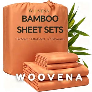 May include: An orange bamboo sheet set in a matching storage bag with the text WOVENA BAMBOO SHEET SETS 1 Flat Sheet 1 Fitted Sheet 1/2 Pillowcases. The set includes folded orange sheets and pillowcases with the brand name WOVENA printed below.