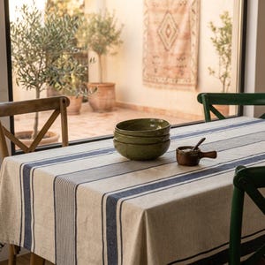 French Style Linen Tablecloth, Vintage Linen Tablecloth, Washed Natural Linen Tablecloth, Striped Linen Tablecloth in Various Sizes