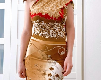 Vintage JEAN PAUL GAULTIER primavera/estate 2001 abito marrone monospalla jpg midi stampa anni '90 jeans drappeggiati in tricot di cotone aderente asimmetrico neo ress