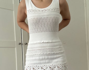 Vintage philosophy alberta ferretti dress pointelle white cotton crochet summer midi bias cut beach slipdress