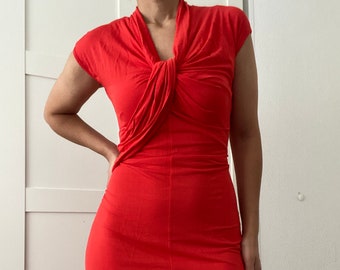 Vintage MAX MARA studio red dress MaxMara medium long midi knotted sleeveless summer bias cut draped drapes stretchy bodycon jersey