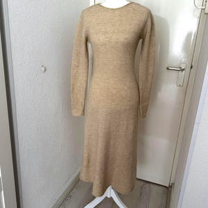 Vintage ST. JOHN knit dress long midi maxi beige cream long sleeve saks fifth avenue ribbed 90s 80s semi sheer tricot chic bias cut wool