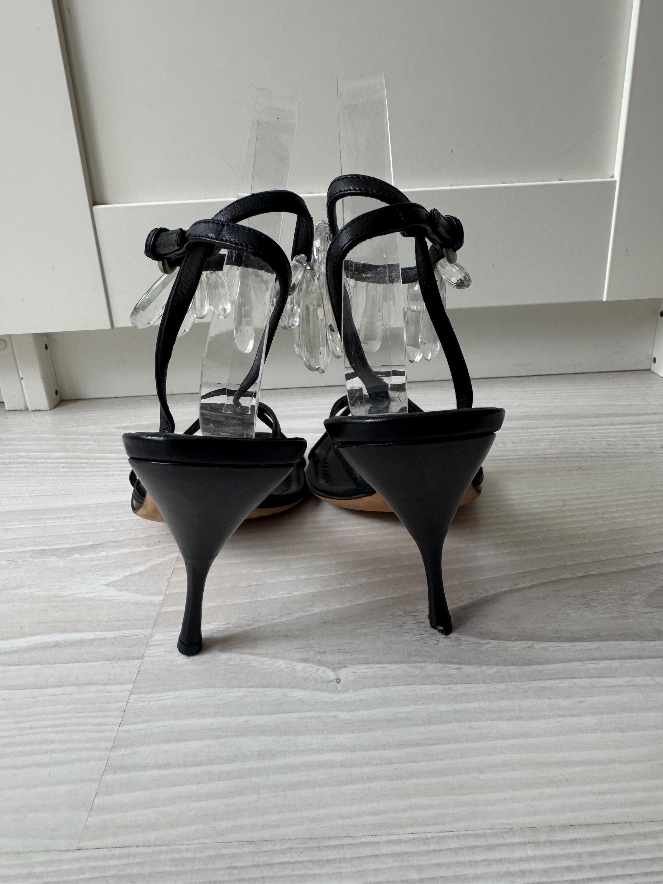 Vintage MIU MIU Crystal Heels Black Leather Wrap Straps 37.5 Shoes