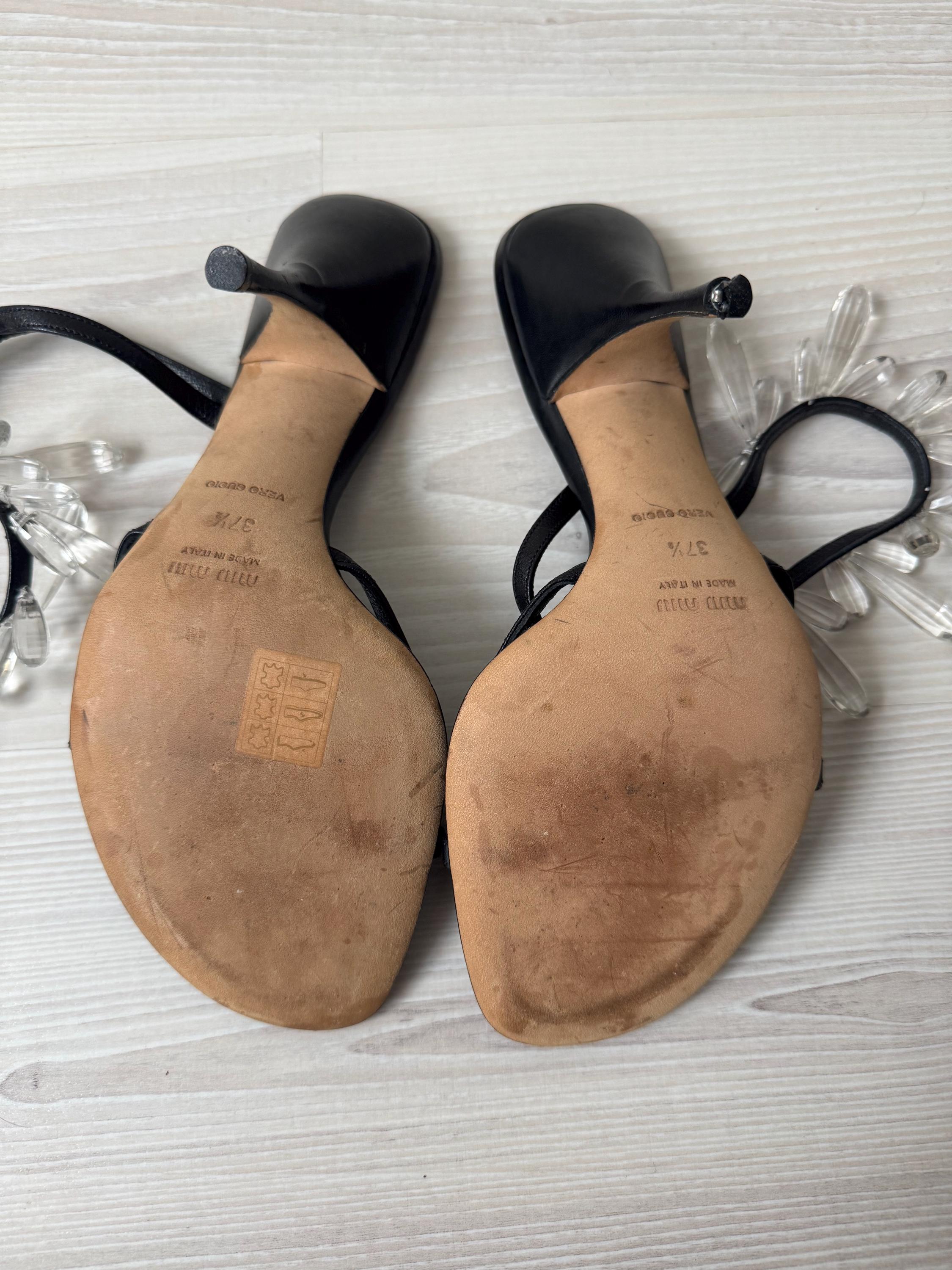 Vintage MIU MIU Crystal Heels Black Leather Wrap Straps 37.5 Shoes