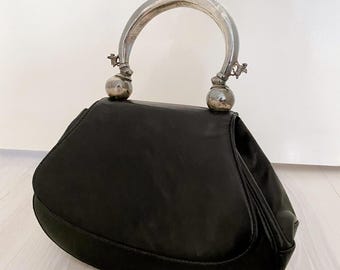Vintage PRADA f/w 1990 handbag black leather 90s pegasus archival archive silver purse structure art deco knob boxbag micro mini bag rare