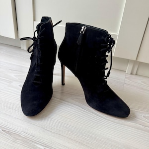 Vintage PRADA heels ankle boots suede black leather 38 high heels shoes sandals lace up 90s 00s designer pointy almond short boot