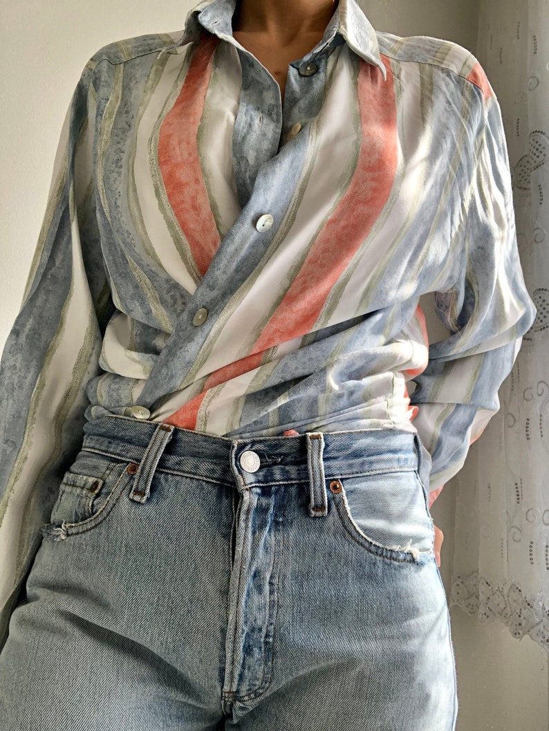 vintage pastel stripes watercolor printed blouse tshirt yessica polyester silky oversized spring colorful pattern
