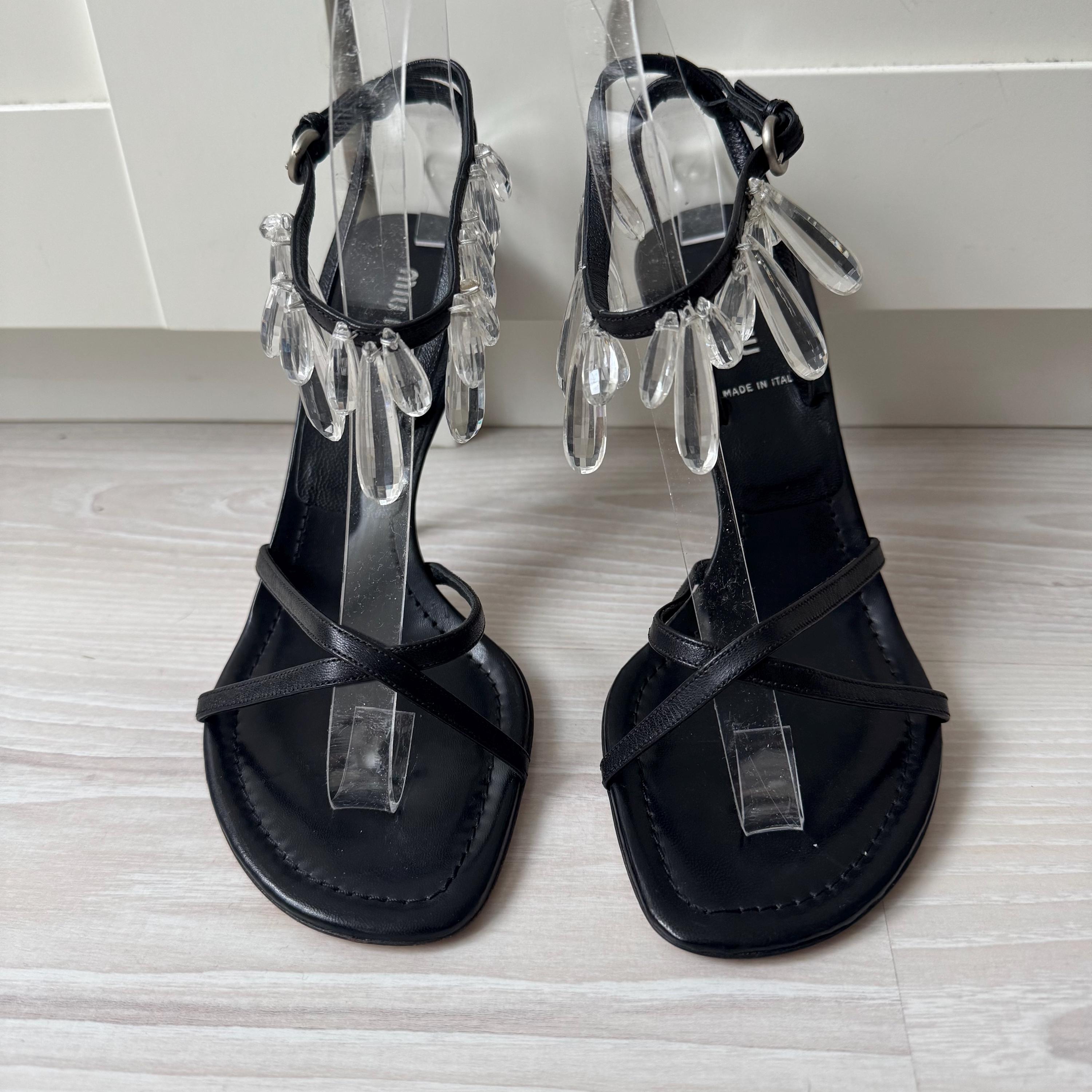 Vintage MIU MIU Crystal Heels Black Leather Wrap Straps 37.5 Shoes