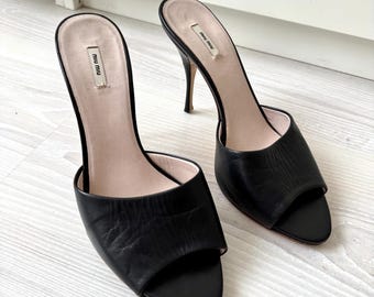ヴィンテージ MIU MIU ミュール 38 ハイヒール シューズ ブラック レザー サンダル パンプス miumiu ピープトウ 00年代 ランウェイ アーカイブ スティレット ミウッチャ