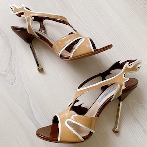 Vintage PRADA s/s 2012 flames heels 38 sandals patent leather brown cream white beige high shoes runway documented ss 12 archive khaki