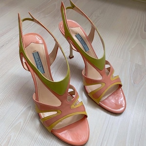 Vintage PRADA s/s 2012 flames heels 38 sandals patent leather pink green yellow pastel high shoes runway documented ss 12 archive peach