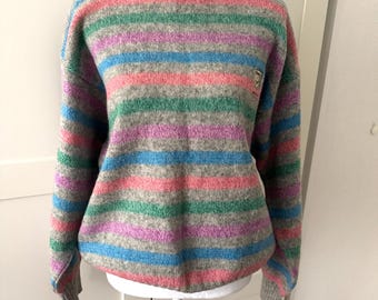 Maglione oversize vintage LES COPAINS a righe multicolore grigio grigio anni '70 '80 '90 a righe in lana italiana girocollo a coste tricot