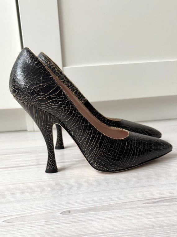 Vintage MIU MIU S/s 2013 Cracked Leather 37.5 Heels Black